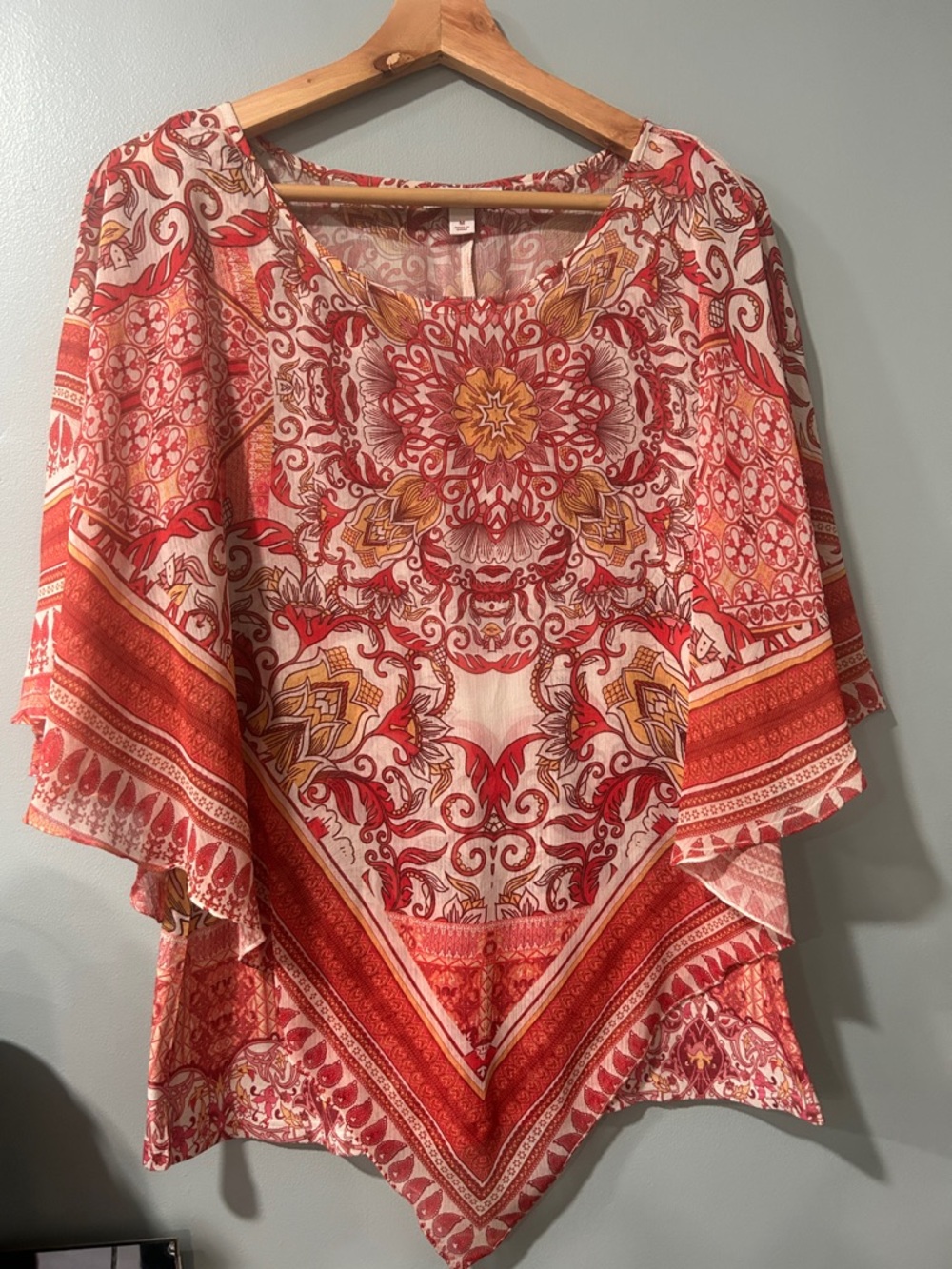Cato Red & Cream Printed Boho Poncho Tunic